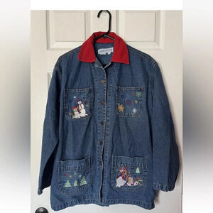 Casey Coleman Women's Blue Denim Embroidered CHRISTMAS Medium Long Jacket Smock